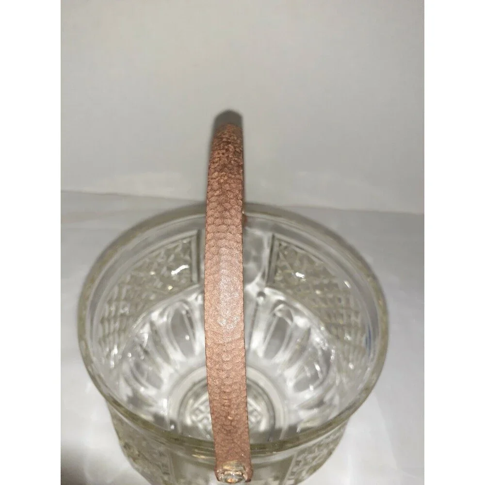 Vtg Barware Glass Ice Bucket Diamond w/Rustic Hammered Metal Handle